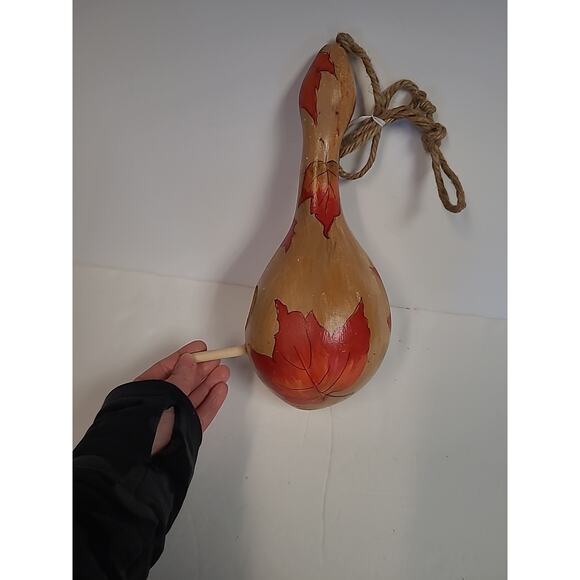 Fall Hand Painted Gourd Hanging Decorative Bird House Leaves 12" Orange / Brown - Picture 2 of 6